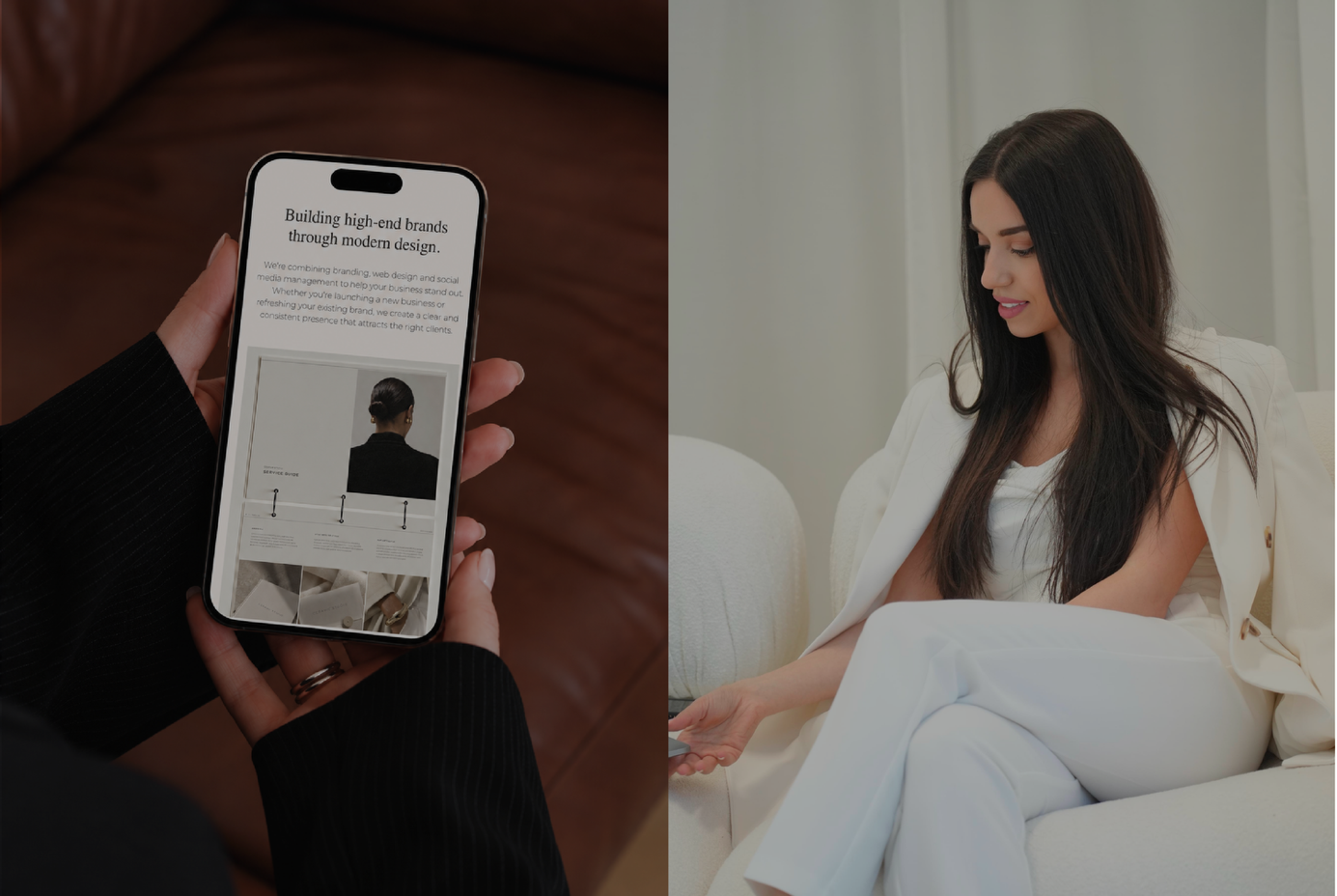 Novacreas website on a phone beside the founder in a white suit